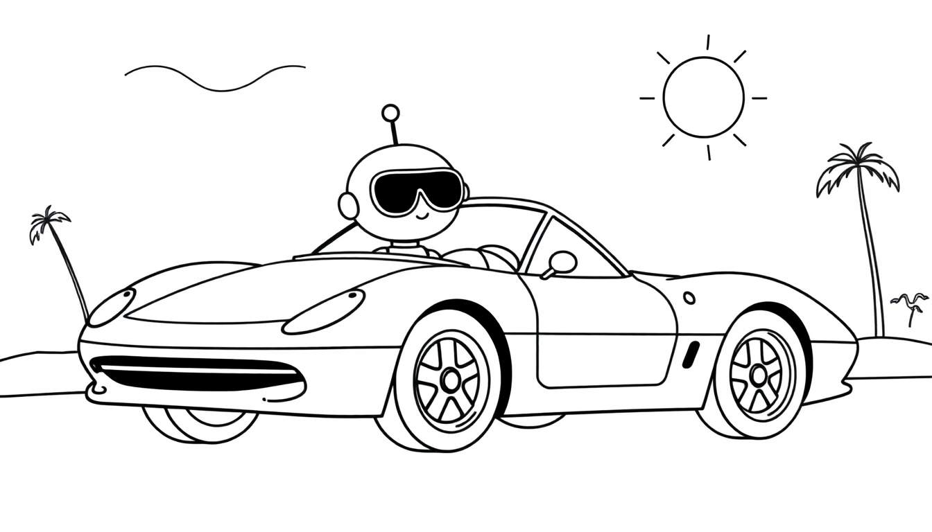 Dessin au trait d'un robot conduisant une voiture décapotable, portant des lunettes de soleil, dans un décor tropical avec un palmier, la mer et le soleil.
