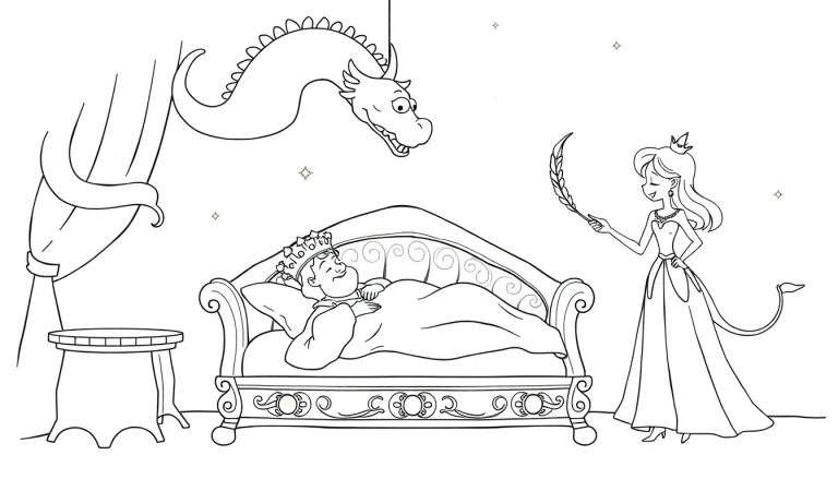 Dessin au trait d'un roi endormi dans un lit, d'une princesse avec une plume et une couronne, et d'un dragon dans un décor de conte de fées avec des étoiles.
