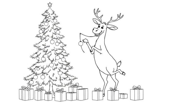 Dessin au trait d'un sapin de Noël décoré, un renne joyeux accrochant une boule et plusieurs cadeaux emballés autour.
