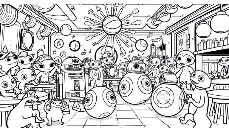 Coloriage d'une scène intérieure de fête avec des petits aliens cartoon, des droïdes BB-8, un comptoir de bar, des lumières décoratives et des notes de musique.
