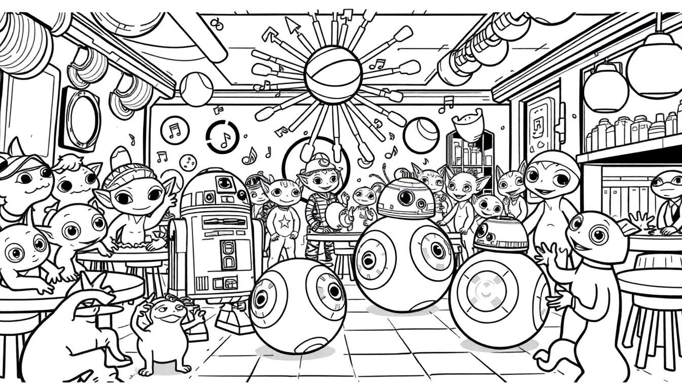 Coloriage d'une scène intérieure de fête avec des petits aliens cartoon, des droïdes BB-8, un comptoir de bar, des lumières décoratives et des notes de musique.