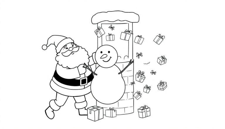 Dessin au trait d'une scène de Noël : Père Noël, bonhomme de neige souriant, cheminée en briques avec de la neige, et cadeaux de Noël.