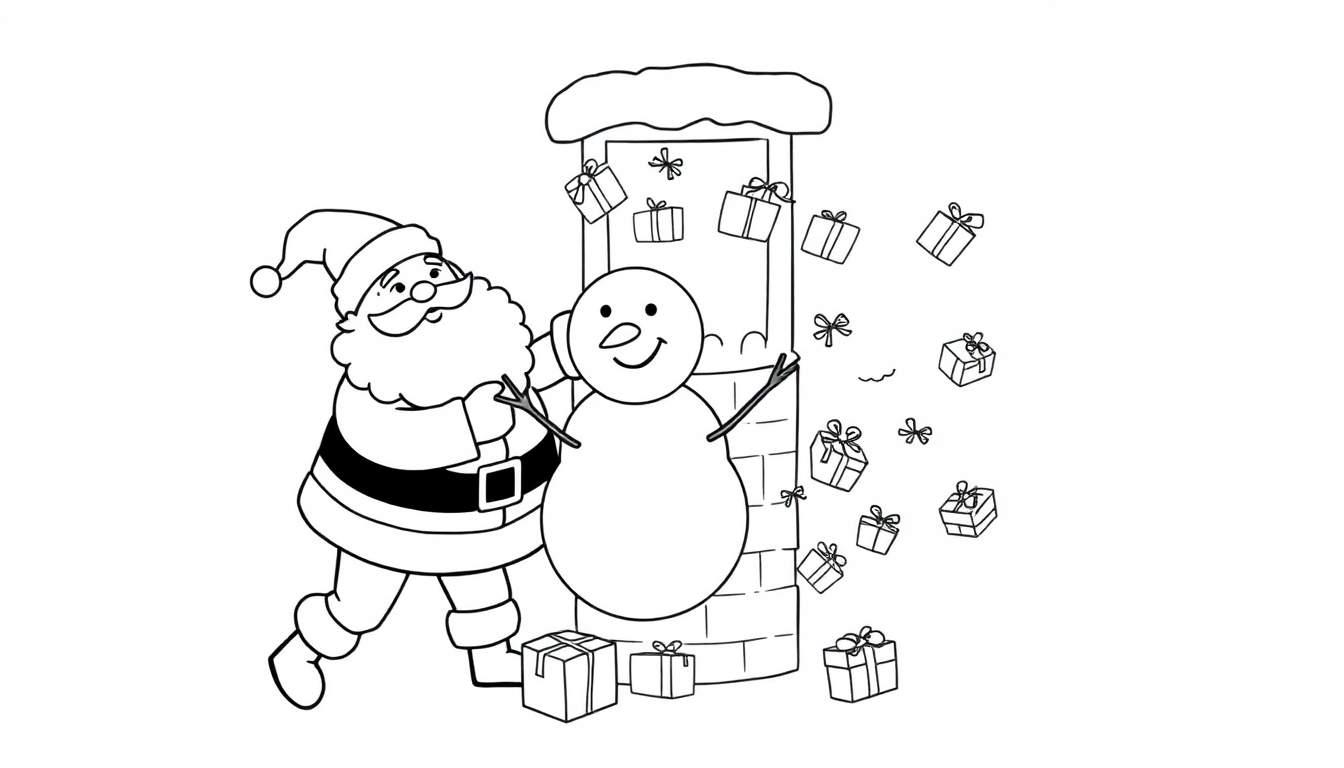 Dessin au trait d'une scène de Noël : Père Noël, bonhomme de neige souriant, cheminée en briques avec de la neige, et cadeaux de Noël.