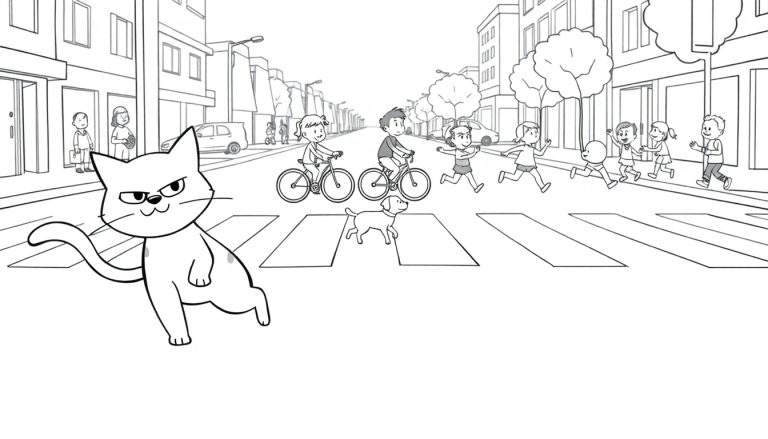 Coloriage d'une scène de rue animée avec un chat traversant la rue, un chien, des enfants jouant, un tramway et des arbres.
