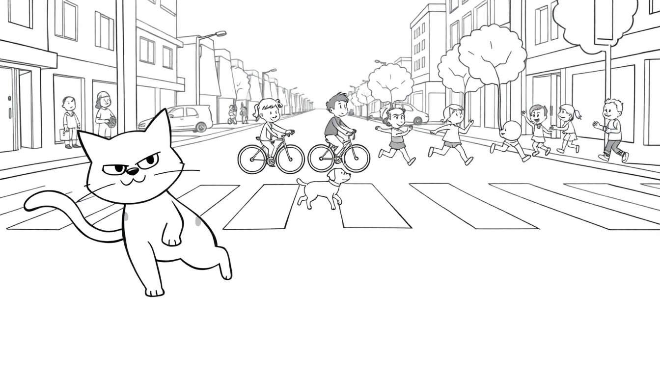 Coloriage d'une scène de rue animée avec un chat traversant la rue, un chien, des enfants jouant, un tramway et des arbres.
