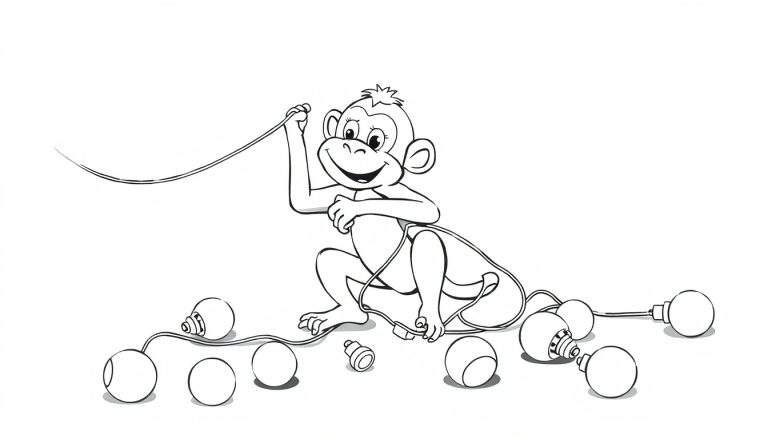 Dessin en noir et blanc d'un singe de dessin animé jouant avec un fil d'ampoules colorées