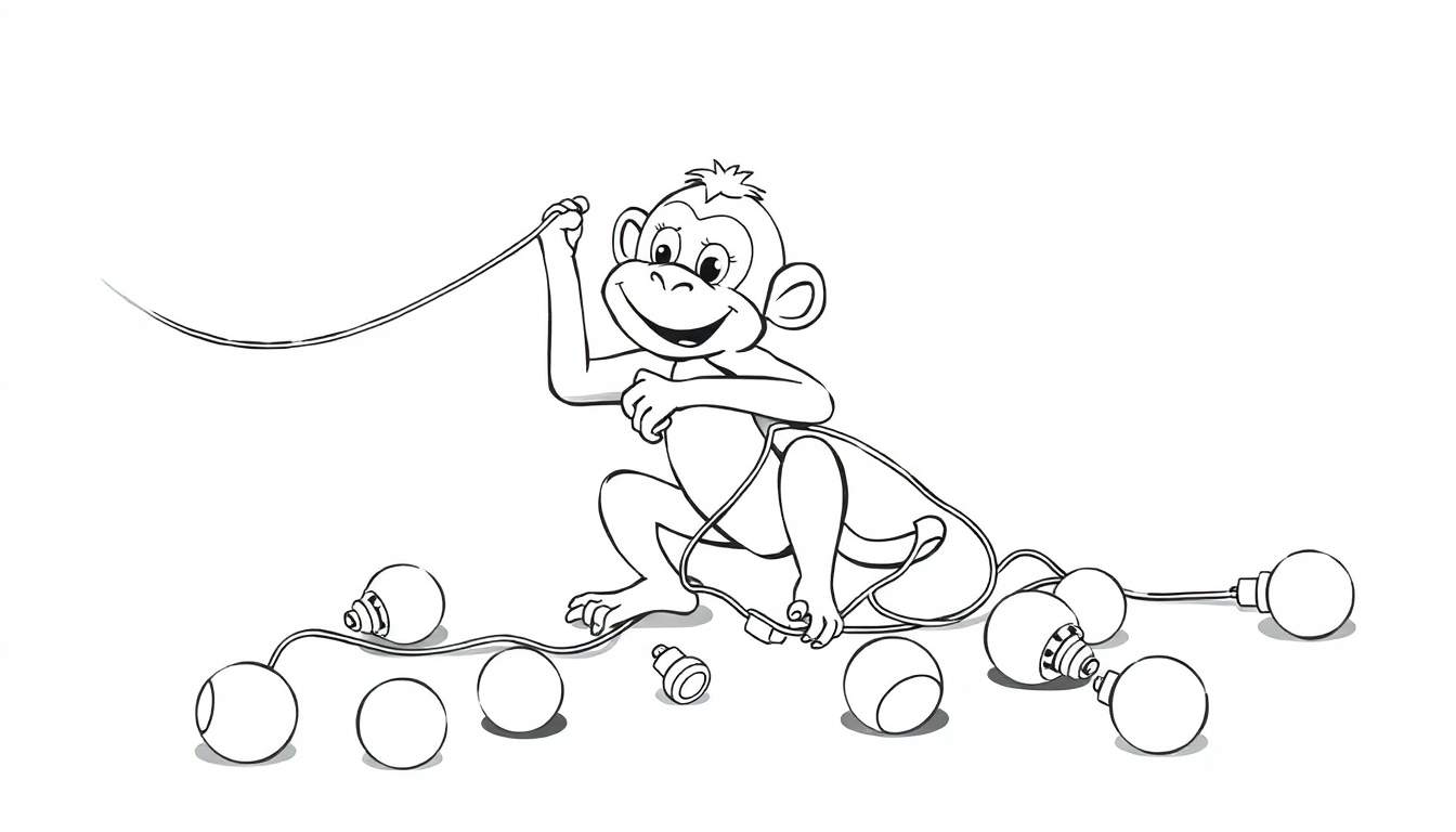 Dessin en noir et blanc d'un singe de dessin animé jouant avec un fil d'ampoules colorées