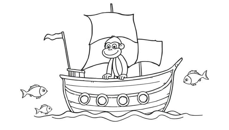 Coloriage d'un singe sur un bateau à voile avec des poissons dans l'eau.