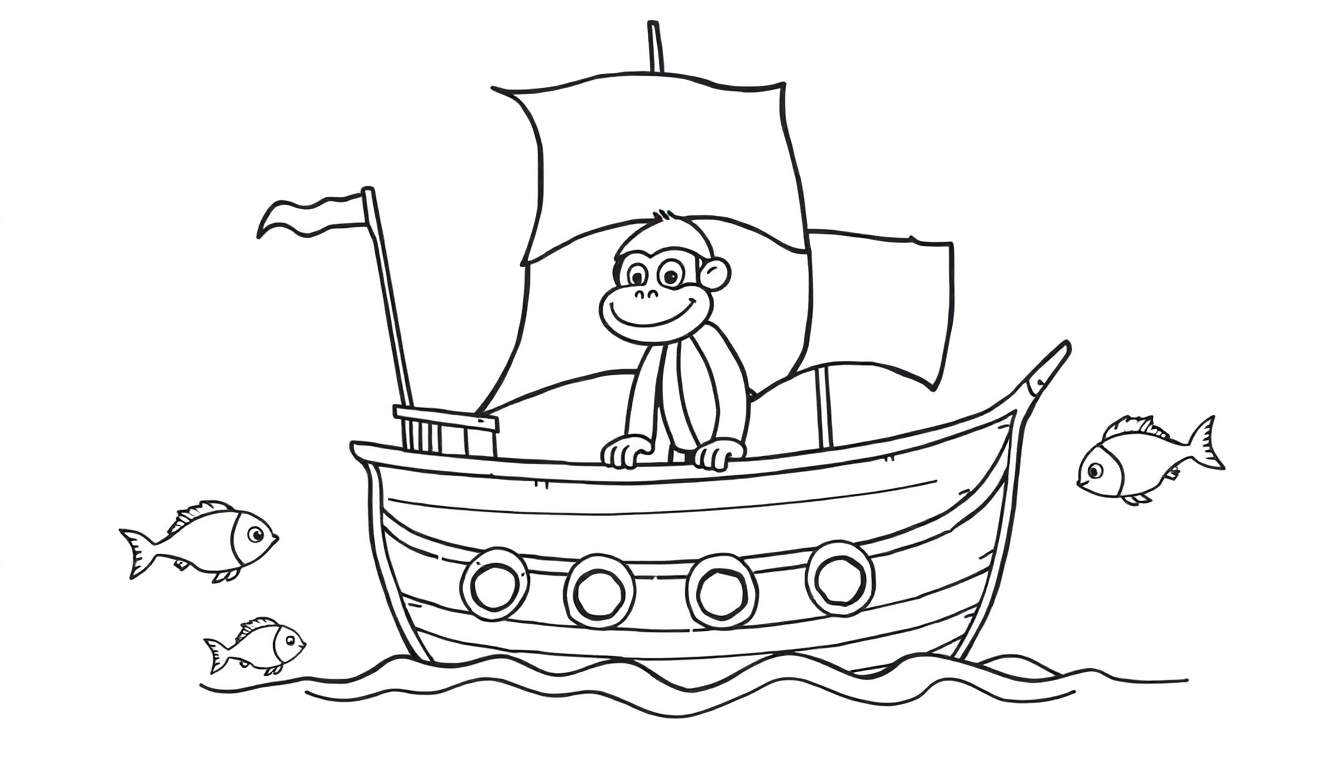 Coloriage d'un singe sur un bateau à voile avec des poissons dans l'eau.