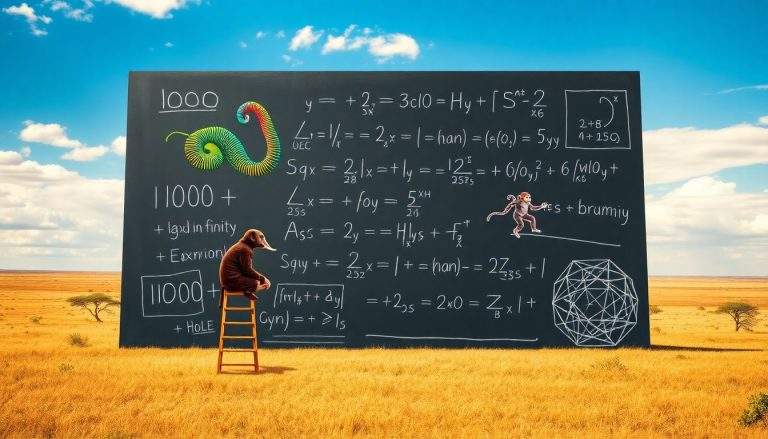 Coloriage d'un singe sur une échelle devant un tableau noir avec des maths dans une savane.