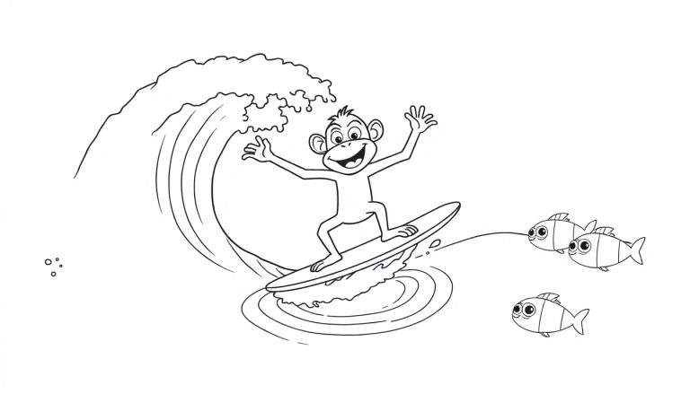 Dessin au trait noir et blanc d'un singe heureux faisant du surf sur une vague, avec trois poissons nageant à côté.