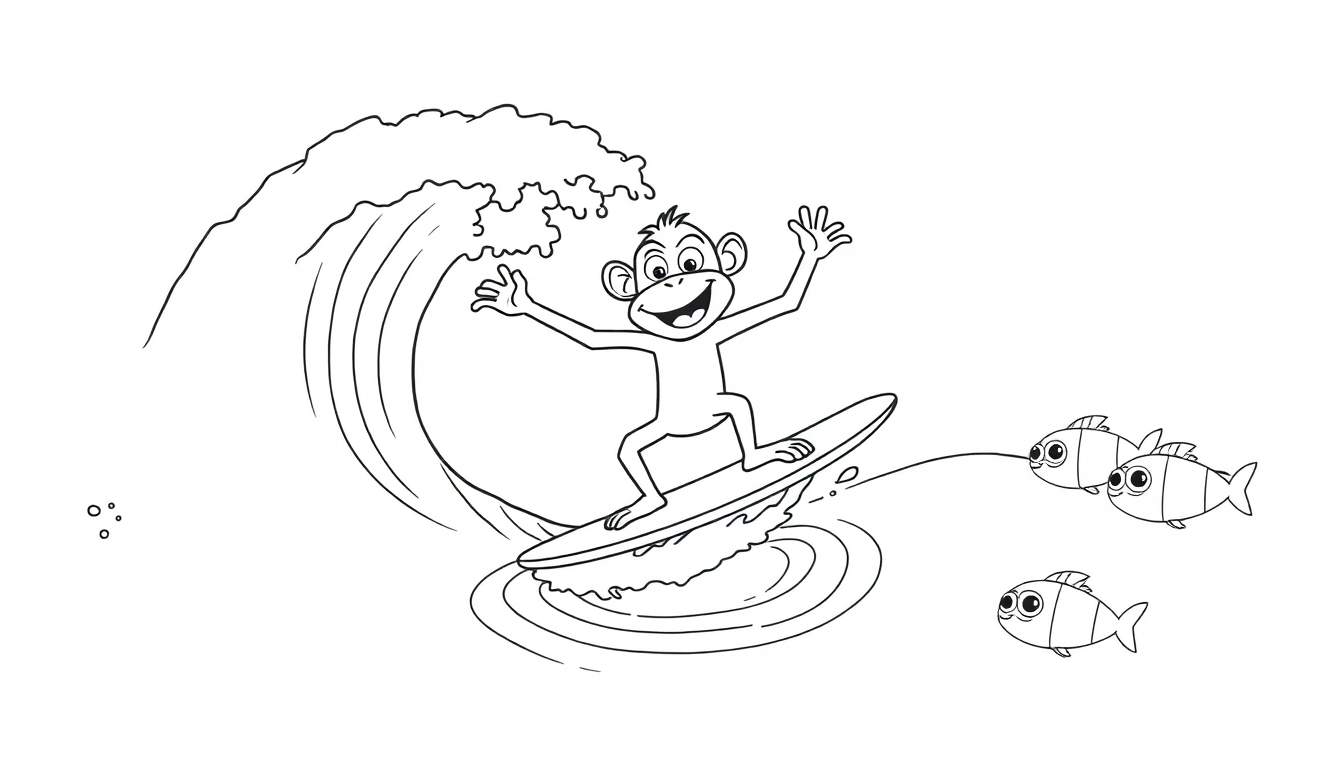 Dessin au trait noir et blanc d'un singe heureux faisant du surf sur une vague, avec trois poissons nageant à côté.
