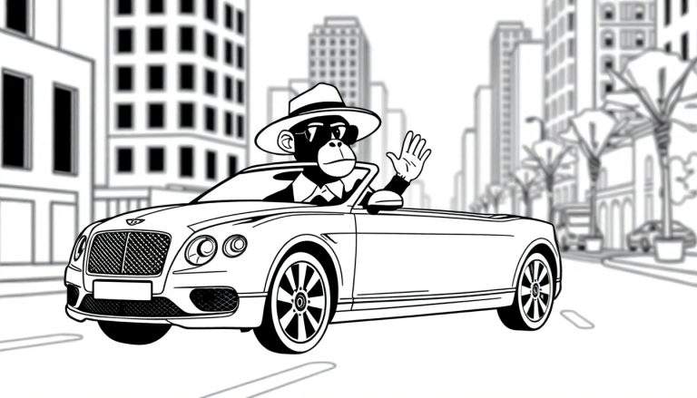 Dessin au trait noir et blanc d'un singe conduisant une Bentley décapotable, portant un chapeau et des lunettes de soleil, dans une ville avec des gratte-ciel et des palmiers.