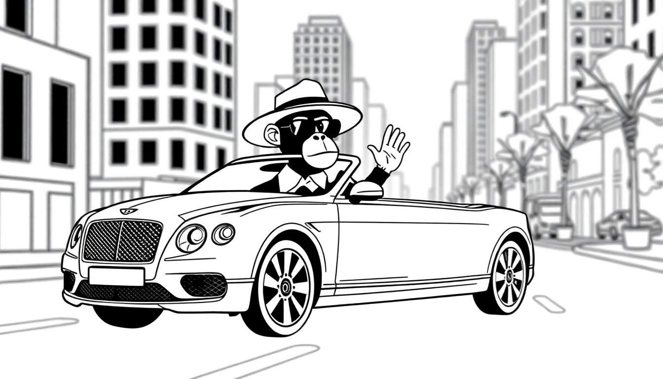 Dessin au trait noir et blanc d'un singe conduisant une Bentley décapotable, portant un chapeau et des lunettes de soleil, dans une ville avec des gratte-ciel et des palmiers.