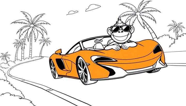 Dessin au trait d'un singe aux lunettes de soleil conduisant une voiture de sport orange sur une route bordée de palmiers.