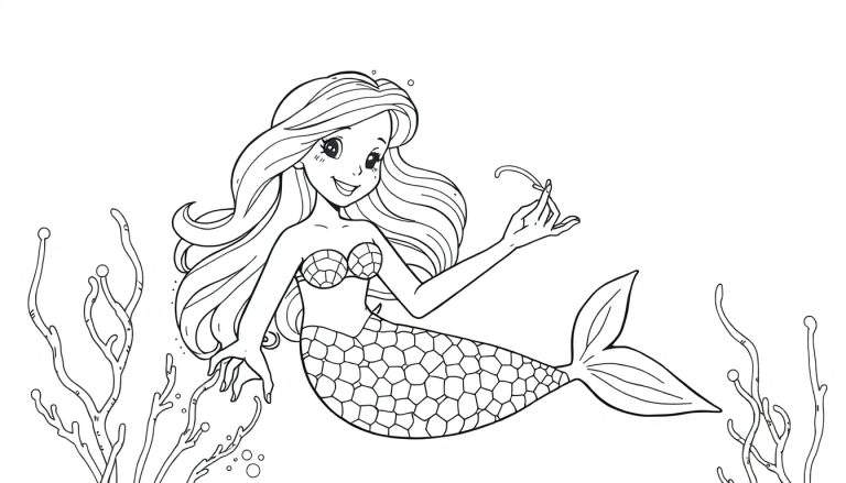 Dessin au trait noir et blanc d'une sirène souriante mangeant des algues, avec un haut de bikini coquillage, une queue de poisson ornée d'hexagones, des algues et des bulles d'air.
