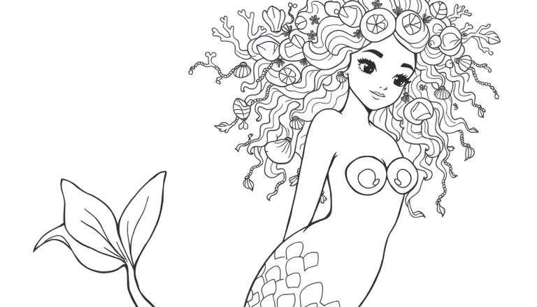 Dessin à colorier d'une sirène métisse avec des cheveux bouclés décorés de coquillages et de coraux.