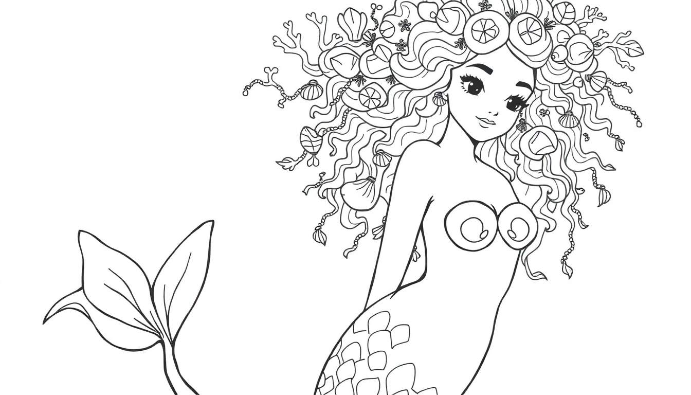 Dessin à colorier d'une sirène métisse avec des cheveux bouclés décorés de coquillages et de coraux.