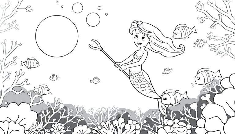 Coloriage d'une sirène de dessin animé avec de longs cheveux, tenant un trident, entourée de poissons, de coraux et de bulles.