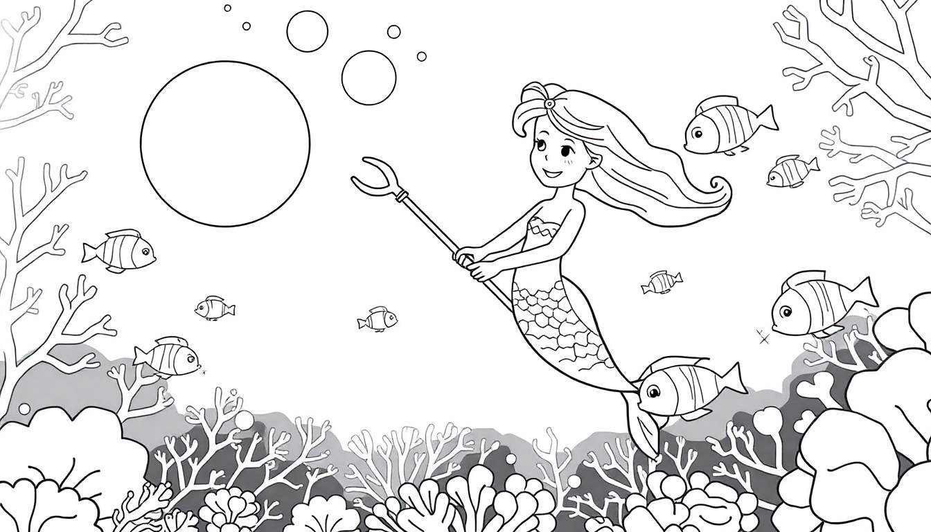 Coloriage d'une sirène de dessin animé avec de longs cheveux, tenant un trident, entourée de poissons, de coraux et de bulles.
