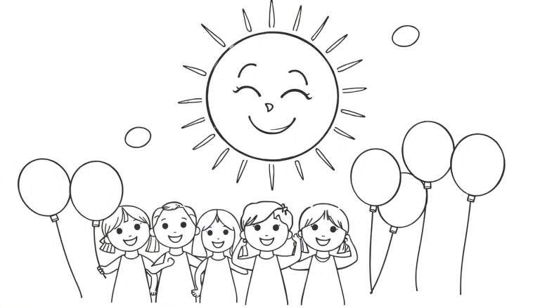 Dessin au trait d'un soleil souriant avec des rayons, entouré par six enfants heureux tenant des ballons.