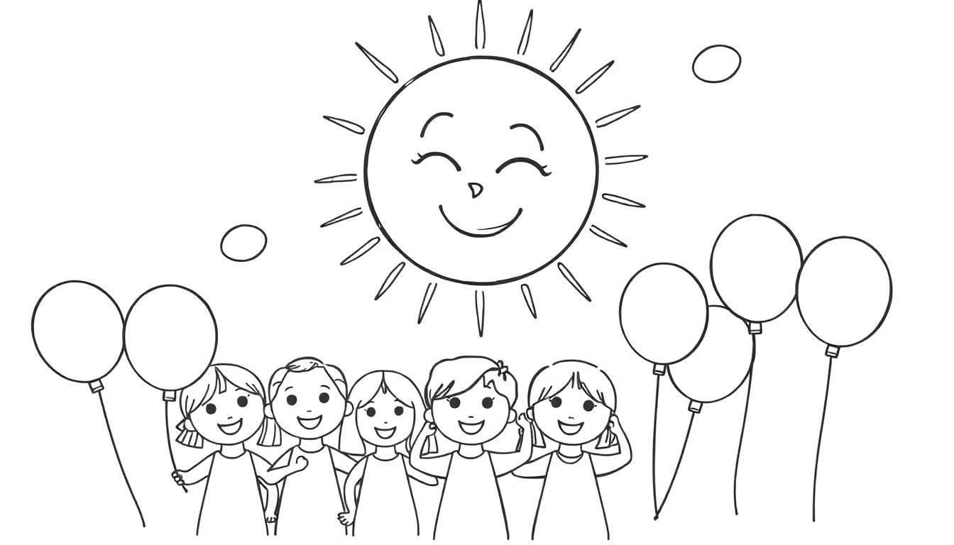 Dessin au trait d'un soleil souriant avec des rayons, entouré par six enfants heureux tenant des ballons.