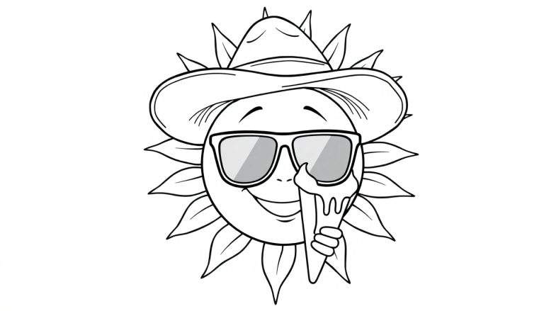 Dessin au trait d'un soleil souriant avec des lunettes de soleil, un chapeau de paille et une crème glacée qui dégouline.