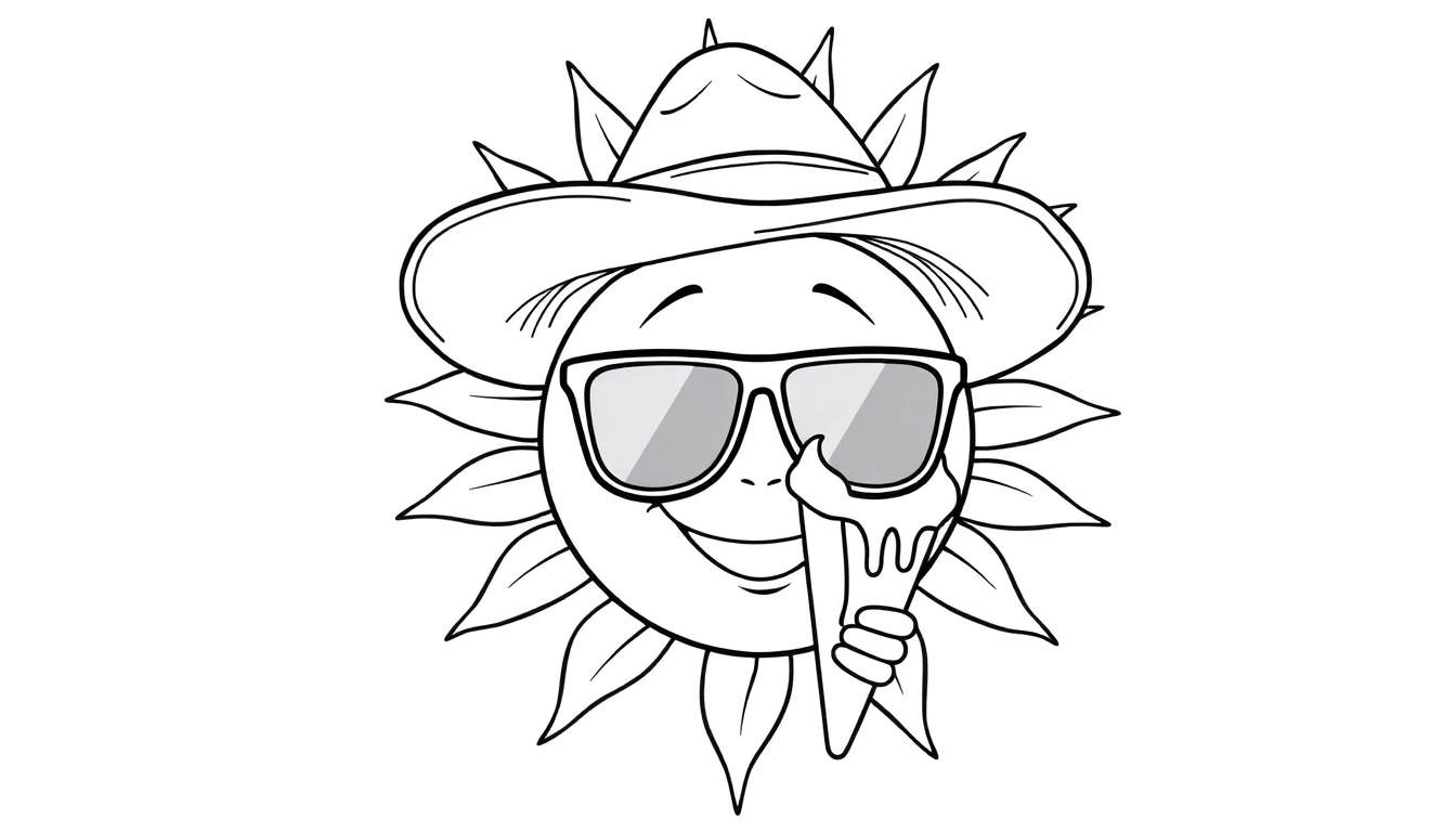 Dessin au trait d'un soleil souriant avec des lunettes de soleil, un chapeau de paille et une crème glacée qui dégouline.