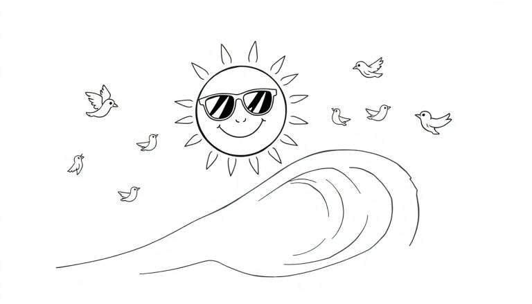 Coloriage d'un soleil souriant avec des lunettes de soleil, entouré d'oiseaux, sur fond de vague marine.