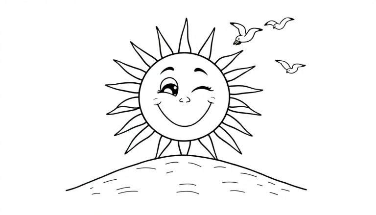 Dessin au trait d'un soleil souriant et faisant un clin d'œil sur une colline avec trois oiseaux volant au-dessus.