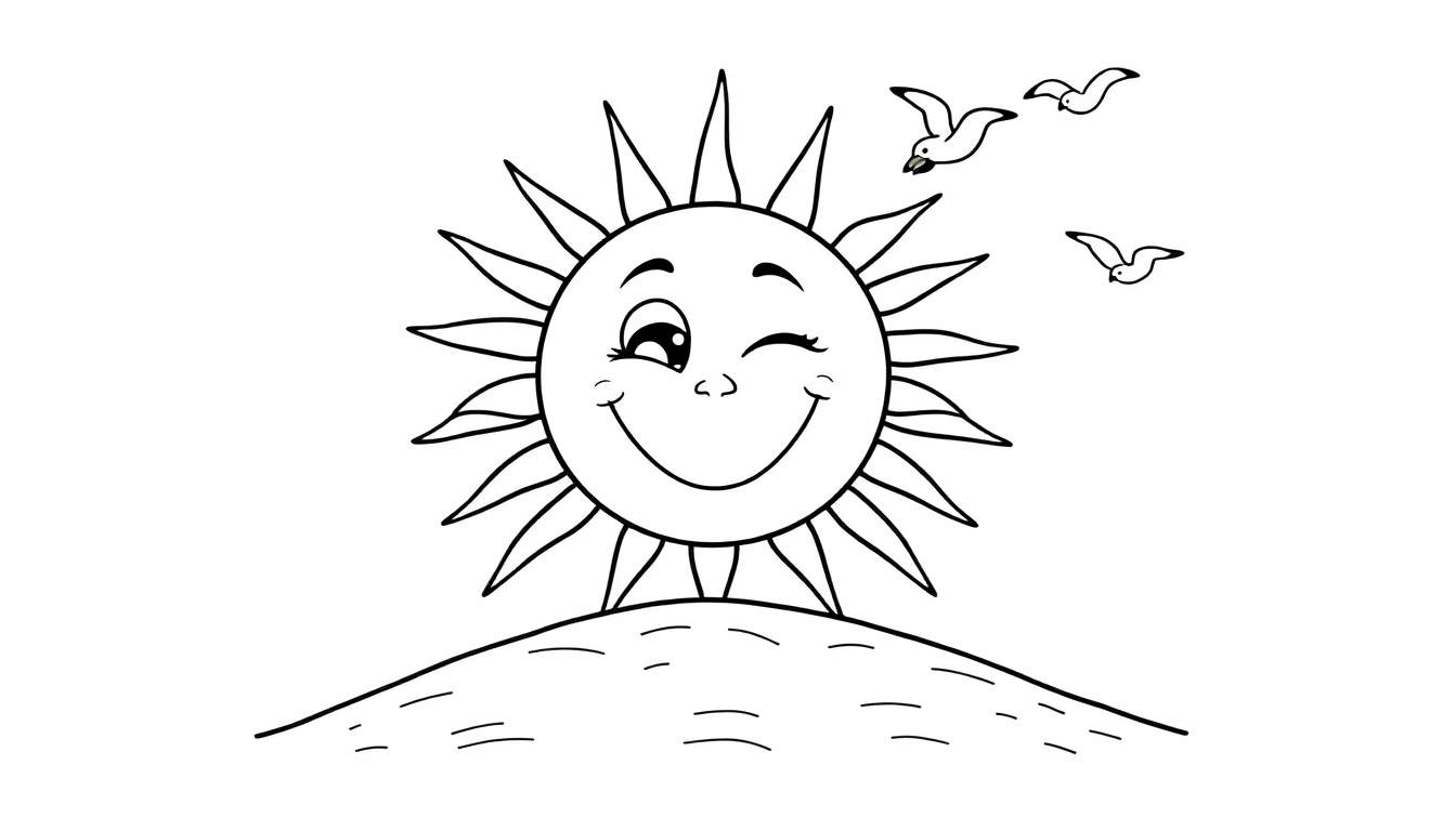Dessin au trait d'un soleil souriant et faisant un clin d'œil sur une colline avec trois oiseaux volant au-dessus.