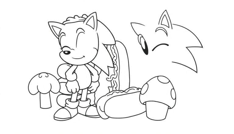 Coloriage de Sonic le Hérisson souriant avec des champignons et un hot-dog.