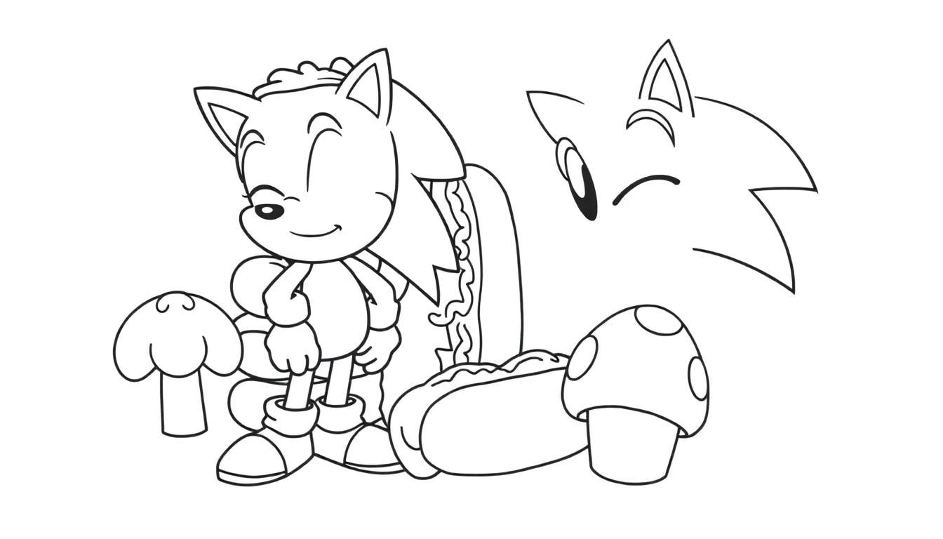 Coloriage de Sonic le Hérisson souriant avec des champignons et un hot-dog.
