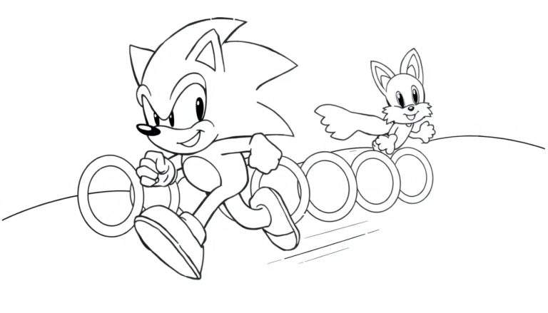 Coloriage de Sonic le hérisson et Tails le renard courant ensemble dans une scène d'action, entourés d'anneaux.