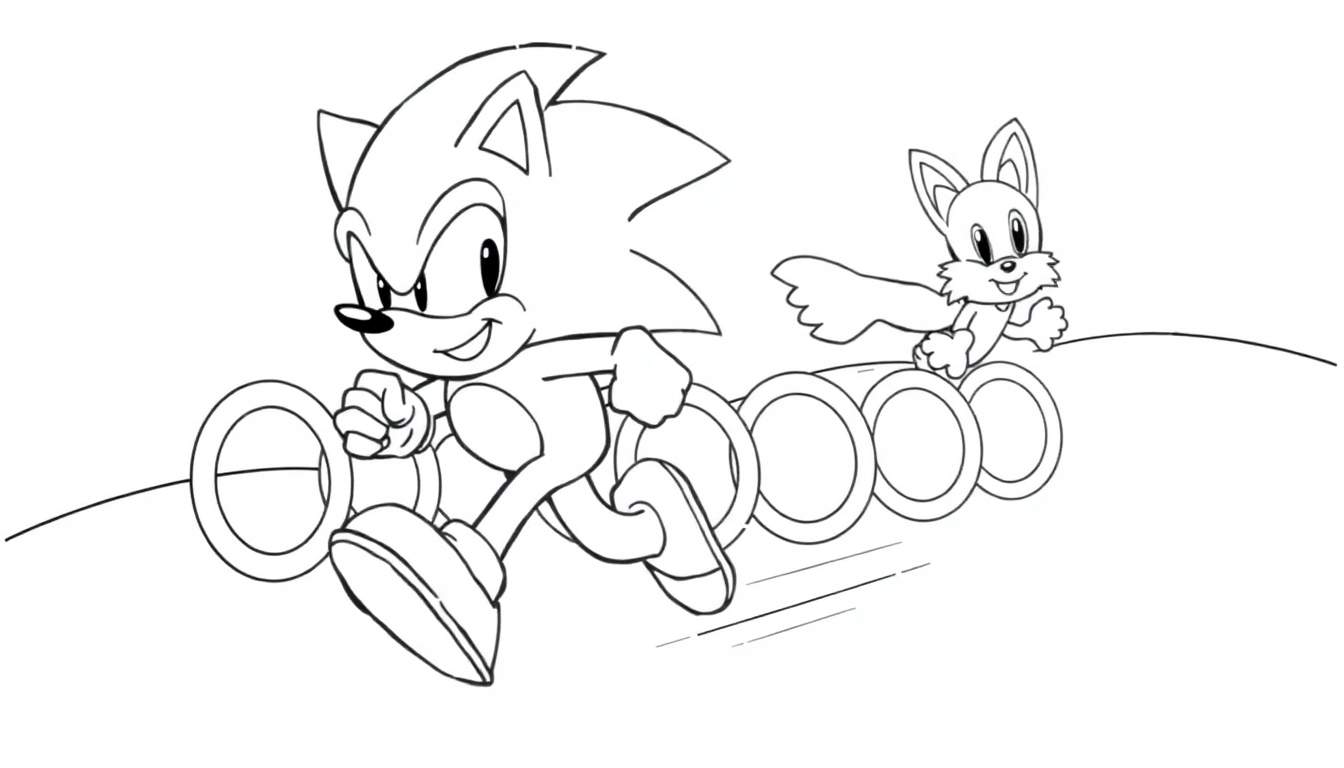 Coloriage de Sonic le hérisson et Tails le renard courant ensemble dans une scène d'action, entourés d'anneaux.