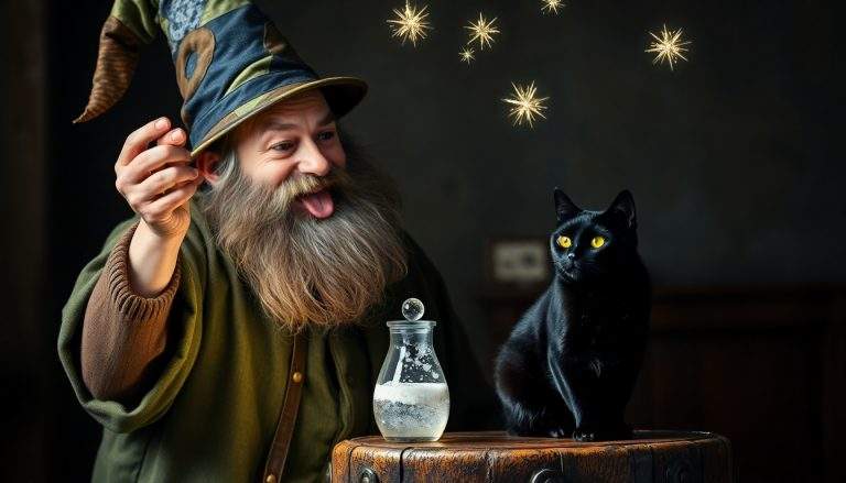 Dessin à colorier d'un sorcier barbu avec un chapeau pointu tirant la langue, un chat noir sur une table, un flacon et des étoiles dorées.