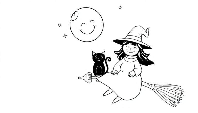 Dessin pour coloriage d'une petite sorcière avec un chapeau pointu et une longue robe, volant sur un balai à côté d'un chat noir. La scène inclut une lune souriante et des étoiles dans le ciel, typique d'une ambiance d'Halloween.