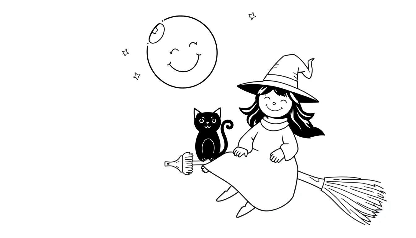 Dessin pour coloriage d'une petite sorcière avec un chapeau pointu et une longue robe, volant sur un balai à côté d'un chat noir. La scène inclut une lune souriante et des étoiles dans le ciel, typique d'une ambiance d'Halloween.