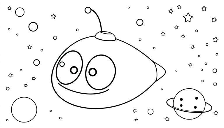 Coloriage d'une soucoupe volante de dessin animé parmi des planètes et des étoiles dans l'espace.
