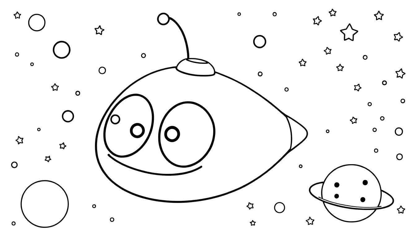 Coloriage d'une soucoupe volante de dessin animé parmi des planètes et des étoiles dans l'espace.