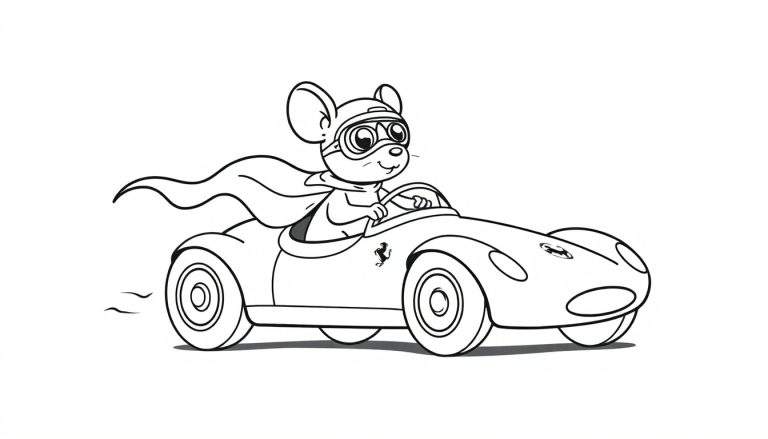 Dessin au trait d'une souris portant un casque et une cape, conduisant une voiture de sport rapide.