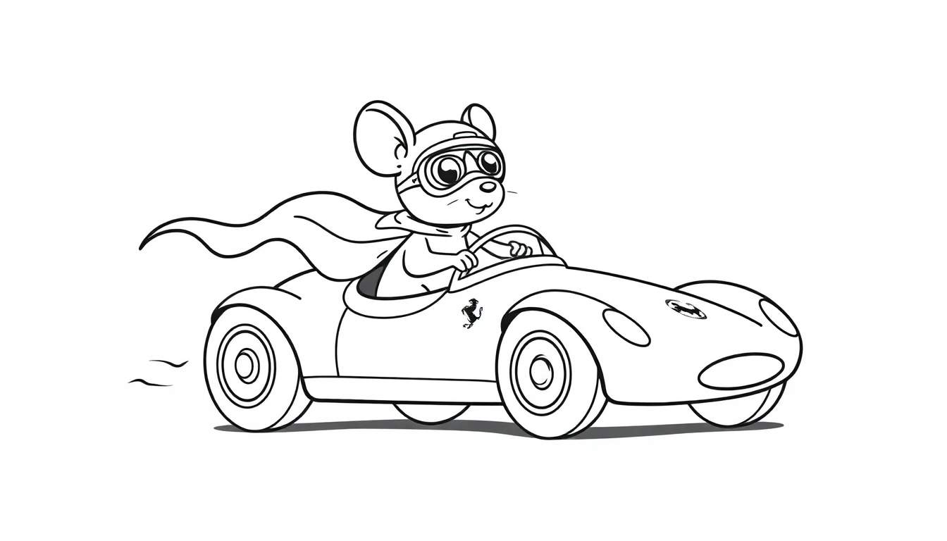 Dessin au trait d'une souris portant un casque et une cape, conduisant une voiture de sport rapide.