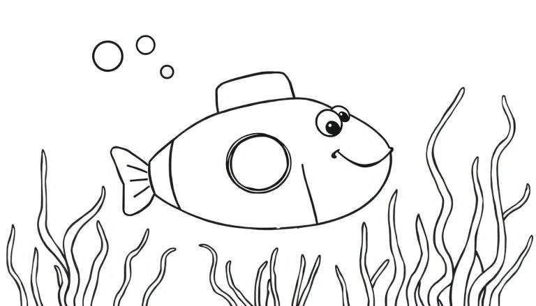 Dessin au trait d'un sous-marin en forme de poisson souriant entouré d'algues et de bulles.