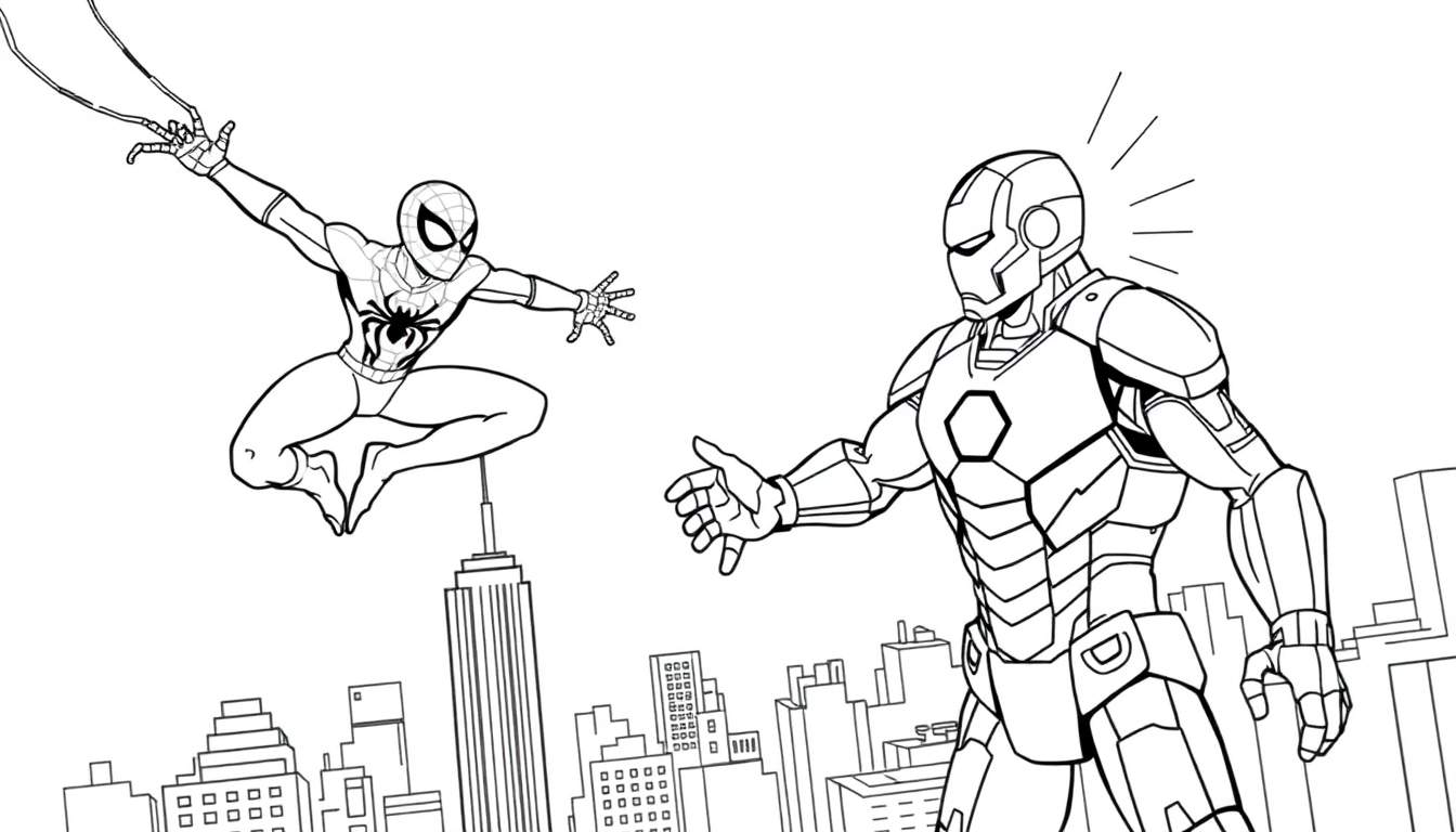 Coloriage de Spider-Man lançant une toile au-dessus des gratte-ciel de New York, avec Iron Man debout en contrebas.