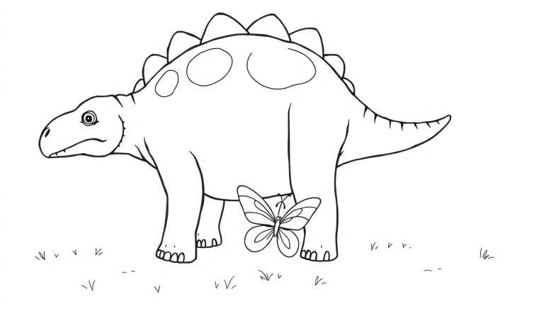 Dessin au trait noir et blanc d'un stégosaure avec des plaques sur le dos, un papillon sur sa patte arrière et de l'herbe au sol.