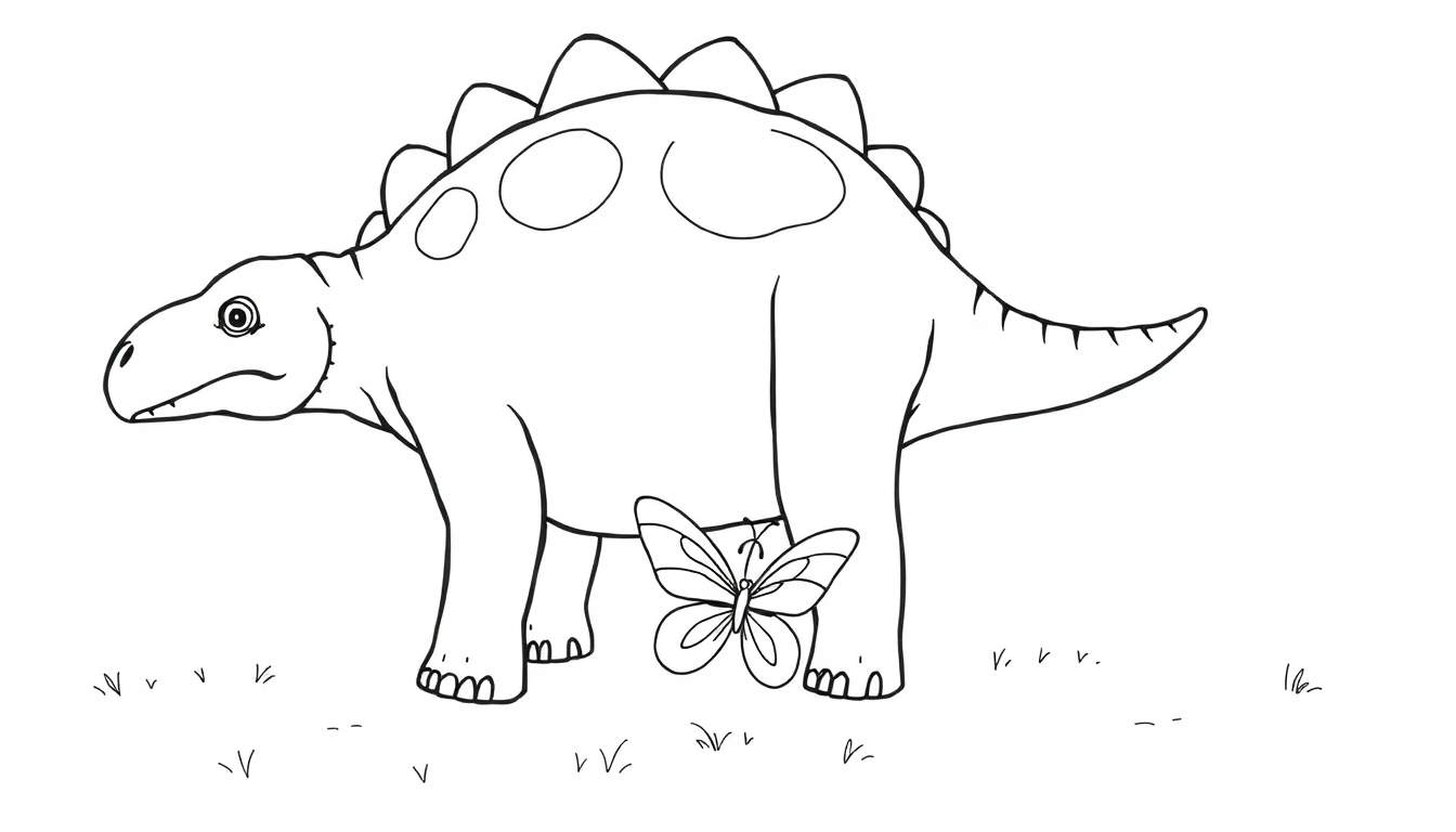 Dessin au trait noir et blanc d'un stégosaure avec des plaques sur le dos, un papillon sur sa patte arrière et de l'herbe au sol.