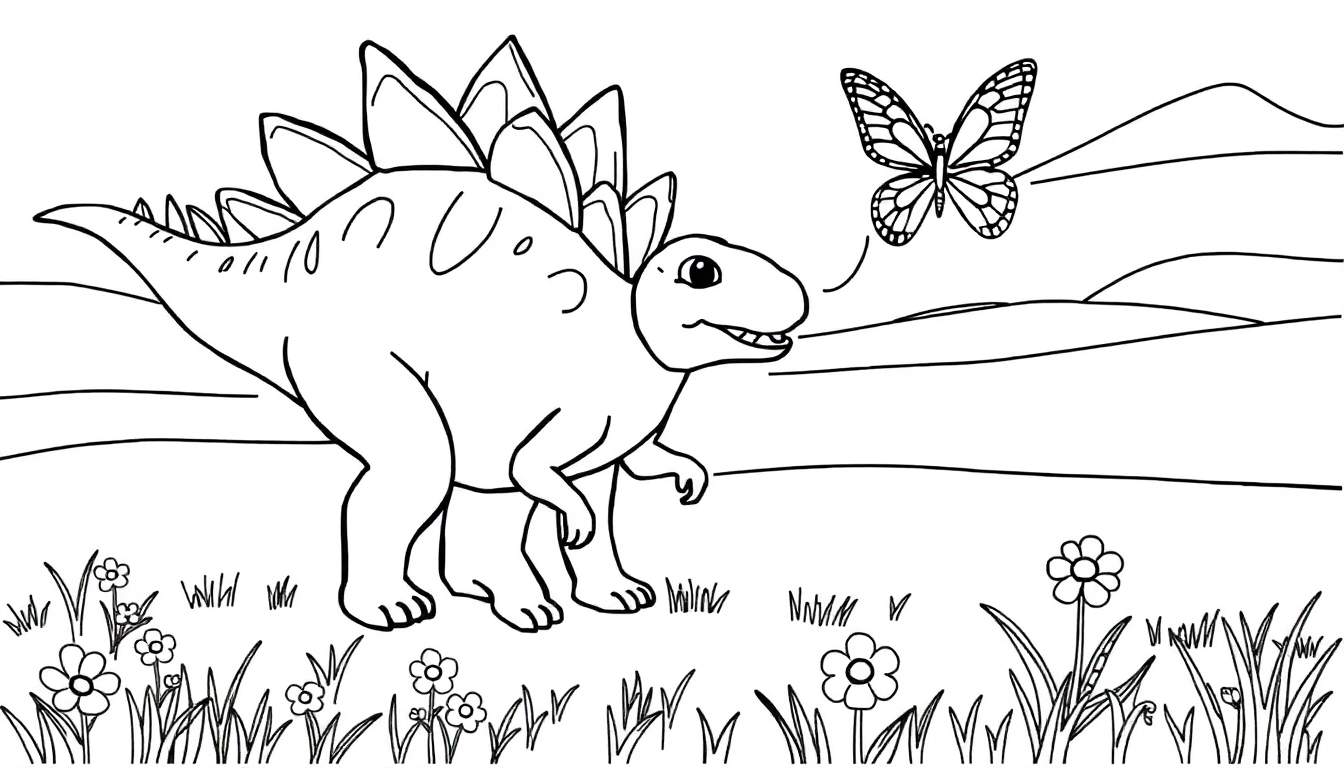 Coloriage d'un Stegosaure debout dans une prairie avec un papillon et des fleurs.