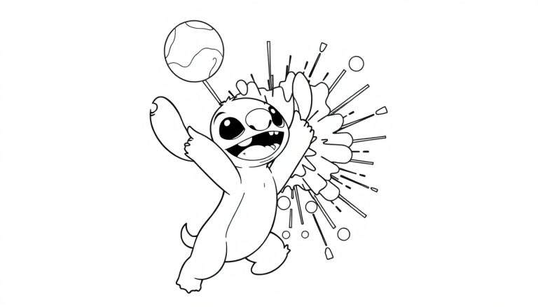 Dessin au trait de Stitch tenant une balle avec des éclaboussures derrière lui, prêt à être colorié.