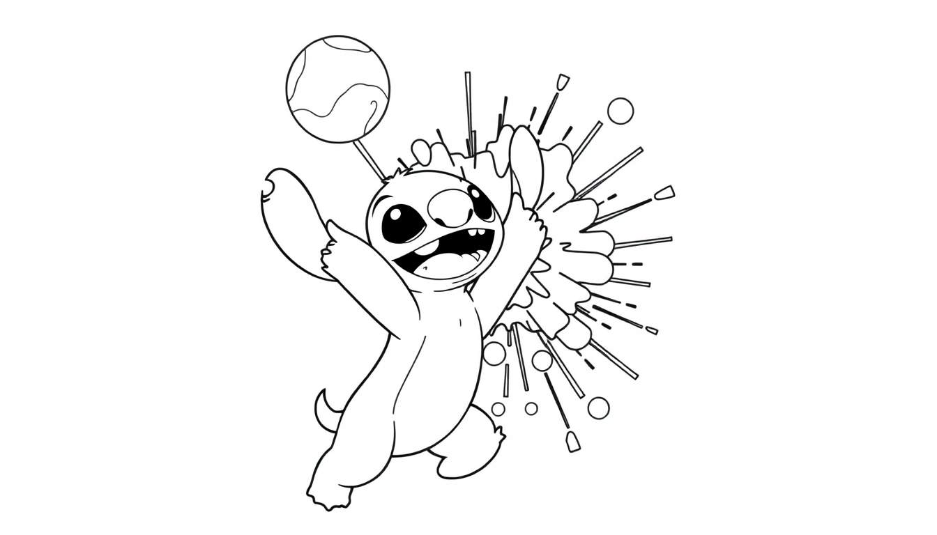 Dessin au trait de Stitch tenant une balle avec des éclaboussures derrière lui, prêt à être colorié.