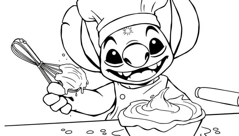 Dessin au trait noir et blanc de Stitch déguisé en chef cuisinier, préparant une pâte dans un bol avec un fouet et tenant un rouleau à pâtisserie. Colorier ce dessin de Stitch.